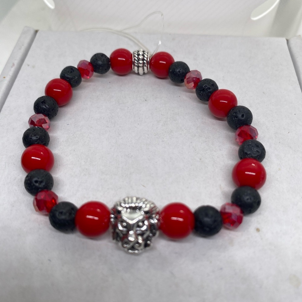 Red and Black Beaded Bracelet with Silver Accent